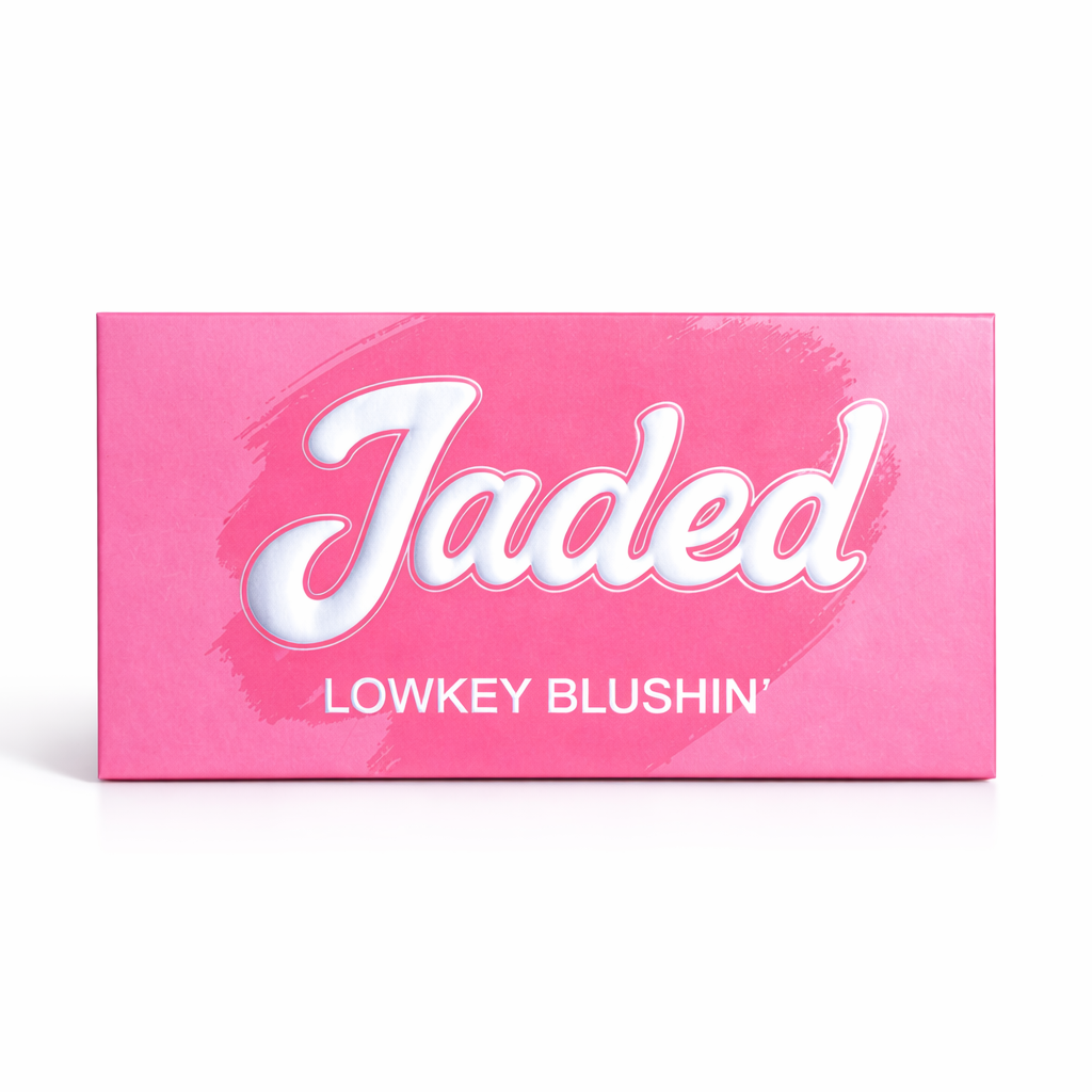 Pink makeup palette with 'Jaded' branding on a white background