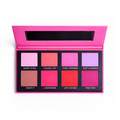 Blush makeup palette with various shades of pink and red tones on a white background