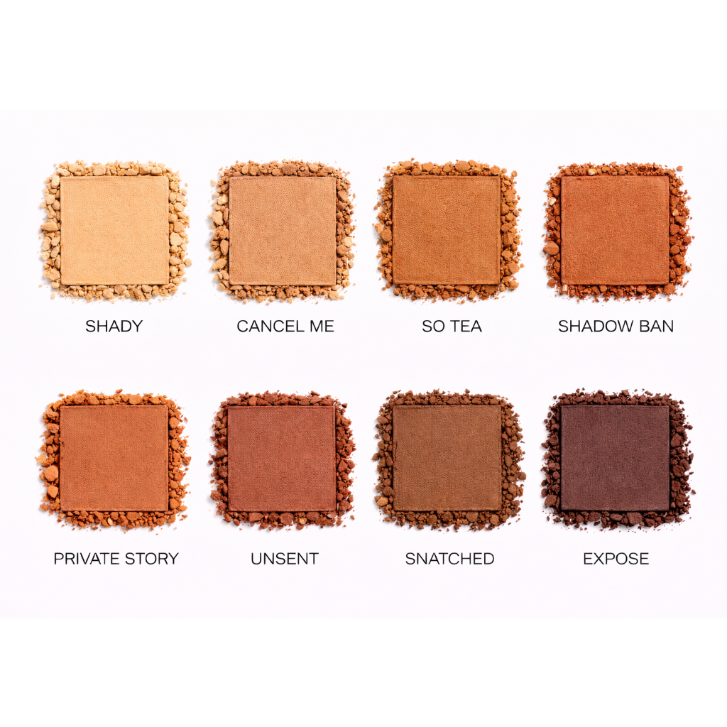 Set of eight brown eyeshadow pans with names below on a white background