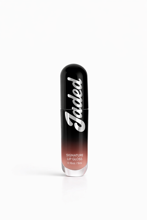 Lip gloss with 'Jaded' branding on a white background