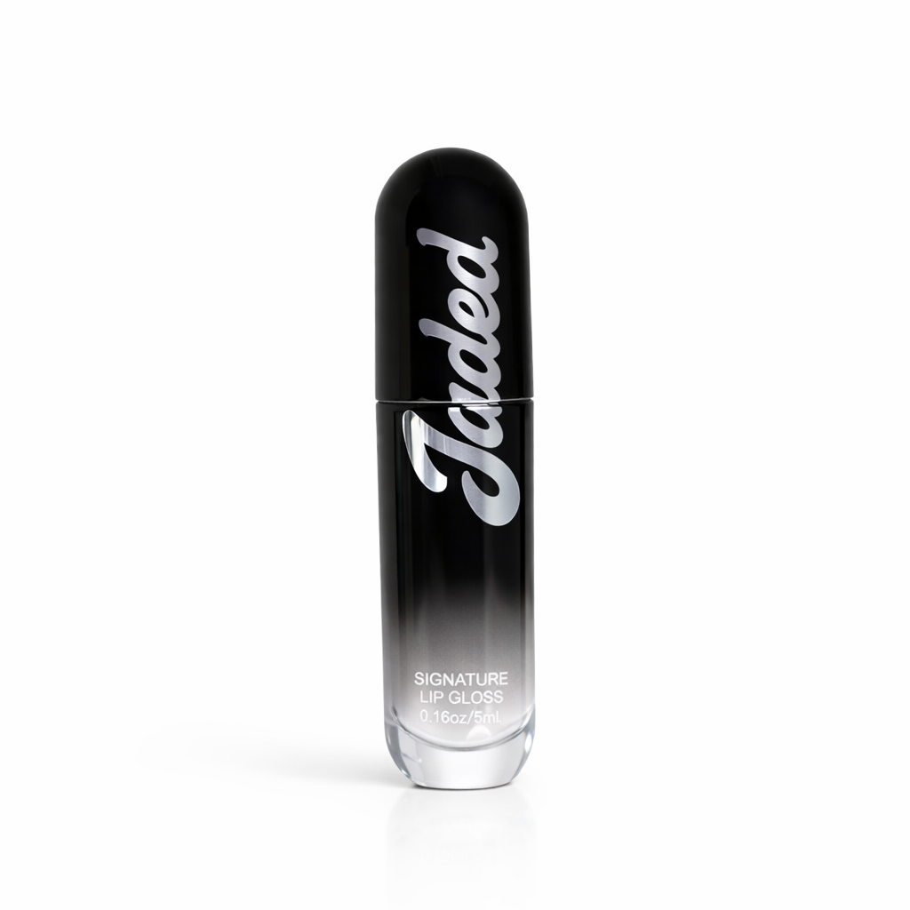 Black lip gloss with 'Jaded' branding on a white background