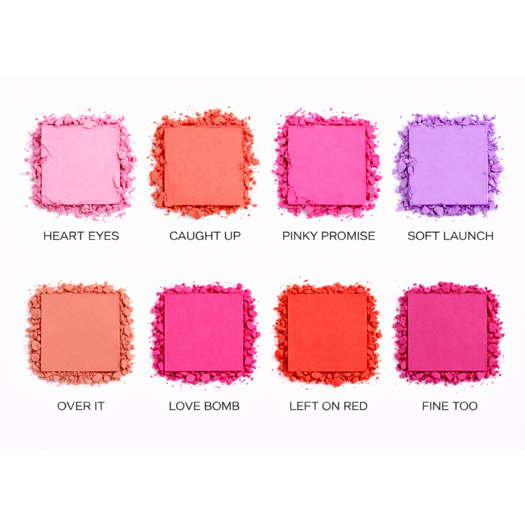 Color swatches of blush shades with names on a white background