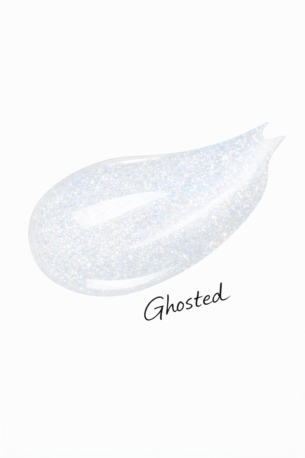 White glittery swatch with 'Ghosted' text on a white background