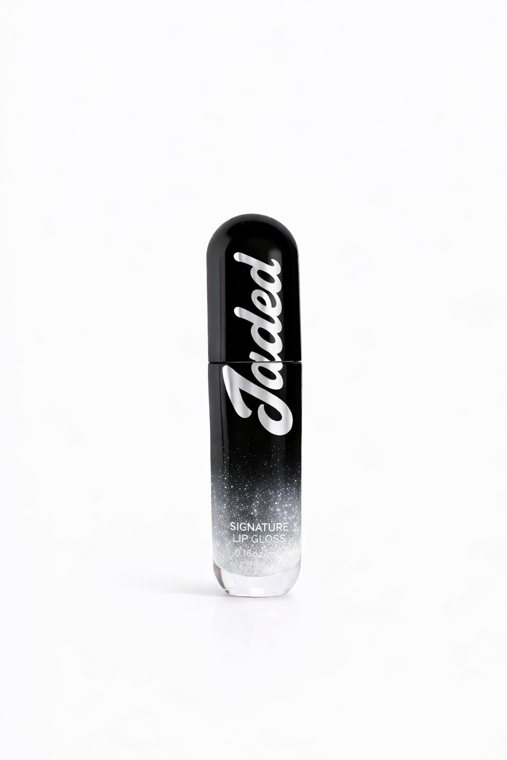 Black and white lip gloss with 'Jaded' branding on a white background