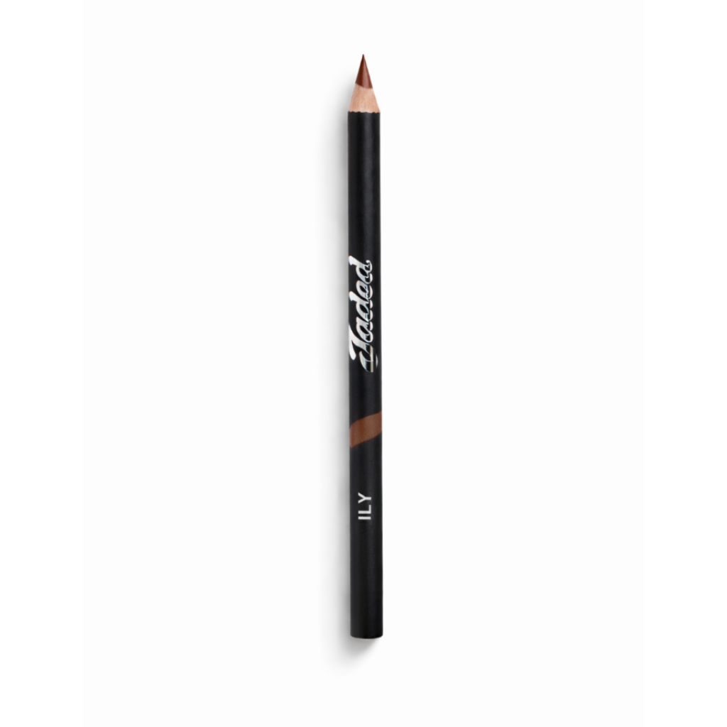lip liner pencil with black casing and brown tip on a white background